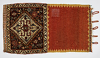 Half a Double Saddle Bag (Khorjin), Wool (warp, ground weft, and pile); asymmetrically knotted pile and closure border in complementary weft weave (front); slit tapestry (kilim) with border pattern in complementary weft weave, and twined and braided loop closures (back)