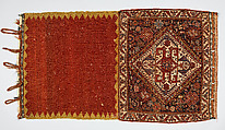 Half a Double Saddle Bag (Khorjin), Wool (warp, ground weft, and pile); asymmetrically knotted pile and closure border in complementary weft weave (front); slit tapestry (kilim) with border pattern in complementary weft weave, and twined and braided loop closures (back)