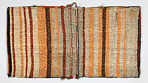 Double Saddle Bag (Khorjin), Wool (warp, weft, and pile); symmetrically knotted pile and slit tapestry (kilim) closure (front); weft-faced plain weave with twined and braided loop closures (back)