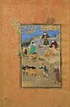 "Shaikh Mahneh and the Villager", Folio 49r from a Mantiq al-Tayr (Language of the Birds), Farid al-Din `Attar (Iranian, Nishapur ca. 1142–ca. 1220 Nishapur), Opaque watercolor, silver, and gold on paper