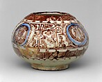 Bowl, Stonepaste; painted in luster and blue on opaque white glaze under transparent colorless glaze