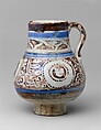 Ewer, Stonepaste; painted in luster and blue on opaque white glaze under transparent colorless glaze
