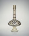 Long-Necked Bottle, Glass, colorless with green tinge; blown, blown applied foot, applied decoration, enameled, and gilded