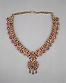 Necklace, Gold, diamonds, colorless sapphires, rubies, imitation emeralds (colorless rock crystal over green foil), and pearls