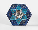 Hexagonal Tile Ensemble with Sphinx, Stonepaste; over- and underglaze-painted, gilded