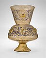 Mosque Lamp of Amir Qawsun, &#39;Ali ibn Muhammad al-Barmaki (Egyptian) ?, Glass, colorless with brown tinge; blown, blown applied foot, enameled and gilded