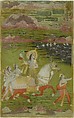 Chand Bibi Hawking with Attendants in a Landscape, Opaque watercolor, gold, and silver on card-weight paper