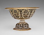 Footed Bowl and Plate, Glass, opalescent white; blown, bowl with applied stem and blown applied foot, fired silver and gold decoration