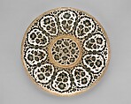 Footed Bowl and Plate, Glass, opalescent white; blown, bowl with applied stem and blown applied foot, fired silver and gold decoration