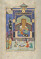 "Bahram Gur in the Green Palace on Monday", Folio 224 from a Khamsa (Quintet) of Nizami of Ganja, Nizami (present-day Azerbaijan, Ganja 1141–1209 Ganja), Ink, opaque watercolor, silver, and gold on paper
