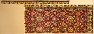 Fragments of a Carpet with Lattice and Blossom Pattern, Silk (warp and weft), pashmina wool (pile); asymmetrically knotted pile