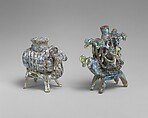 Animal flask, Glass, yellowish and pinkish; blown, applied decoration