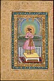 "Shah Jahan on a Terrace, Holding a Pendant Set With His Portrait", Folio from the Shah Jahan Album, Painted by Chitarman (Indian, active ca. 1627–70), Ink, opaque watercolor, and gold on paper