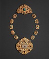 Jewelry Elements, Gold sheet; worked, chased, and set  with turquoise, gray chalcedony, and glass