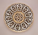 Footed Bowl and Plate, Glass, opalescent white; blown, bowl with applied stem and blown applied foot, fired silver and gold decoration