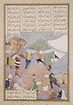 "Isfandiyar's Sixth Course: He Comes Through the Snow", Folio 438r from the Shahnama (Book of Kings) of Shah Tahmasp, Abu&#39;l Qasim Firdausi (Iranian, Paj ca. 940/41–1020 Tus), Opaque watercolor, ink, silver, and gold on paper