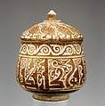 Pyxis (Cylindrical Container), Stonepaste; luster-painted on incised, opaque white glaze