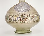 Enameled and Gilded Bottle, Glass, greenish; blown, folded foot; enameled and gilded