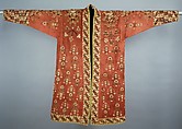 Coat (Choga), Ground fabric: hand-spun red plain-weave wool (warp and weft); embroidery: silk; facing: ikat silk (warp), cotton (weft); lining: roller-printed Russian cotton