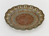 Dish with Peony, Glass, opalescent green; blown, shaped with mold, enameled, and gilded