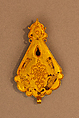 Pendant, Gold, fabricated from sheet, decorated with bitumen-highlighted incising, twisted wire, and granulation, set with garnets, turquoise, and other precious stones, probably tourmalines