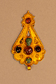 Pendant, Gold, fabricated from sheet, decorated with bitumen-highlighted incising, twisted wire, and granulation, set with garnets, turquoise, and other precious stones, probably tourmalines