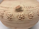 Jug, Earthenware; applied, stamped and incised decoration, unglazed