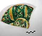 Fragment of a Bowl, Earthenware; white slip with polychrome slip decoration under transparent greenish glaze, incised