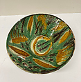 Bowl, Earthenware; white slip, incised and splashed with polychrome glazes under transparent glaze (sgraffito ware)