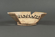Bowl, Earthenware; white slip, decoration in black, glazed