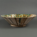 Bowl, Earthenware; white slip, incised and splashed with polychrome glazes under transparent glaze (sgraffito ware)