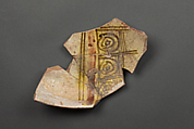 Fragment of a Bowl, Earthenware; reddish body, white slip with  yellow-black and red slip painting under glaze