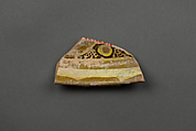 Fragment, Earthenware; reddish body, white slip with polychrome slip decoration under glaze