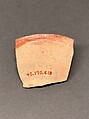 Fragment of a Bowl, Earthenware; reddish body, red slip, white and brown-black slip decoration under glaze