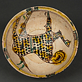 Bowl, Earthenware; buff body, brown slip decoration, splashed polychrome glaze