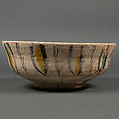 Bowl, Earthenware; buff body, brown slip decoration, splashed polychrome glaze