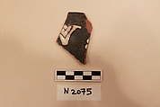 Ceramic Fragment, Earthenware; dark brown slipped, slip-painted in  white under a colorless glaze