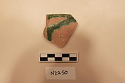 Ceramic Fragment, Earthenware; white slipped, splashed and incised under a colorless glaze.