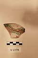 Ceramic Fragment, Earthenware; white slipped, splashed and incised under a colorless glaze.