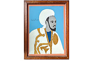 Portrait of a Marabout on a Blue Background, Paint on glass
