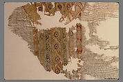 Portion of a Garment with Geometric Patterns, Linen, silk, metal wrapped thread; plain weave, tapestry weave