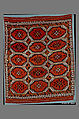 Carpet with Repeating Medallion Pattern on Red Background, Wool; (warp, weft, and pile); symmetrically knotted pile
