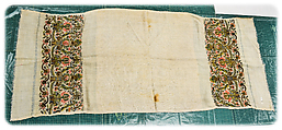 Bath Towel with Floral Decoration, Cotton; embroidered in gold and silver metal wrapped thread
