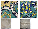 Square Tile Depicting Clouds, Stonepaste; polychrome glaze within black wax resist outlines (cuerda seca technique)