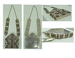 Amulet Holder, Silver; with stamped beading, glass inlays over red lacquer, paper, or fabric backing, and chains