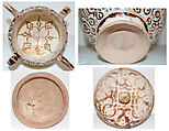 Two-Spouted Vessel with a Lid, Stonepaste; luster-painted on opaque white glaze