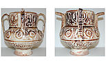 Two-Spouted Vessel with a Lid, Stonepaste; luster-painted on opaque white glaze