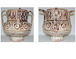Two-Spouted Vessel with a Lid, Stonepaste; luster-painted on opaque white glaze
