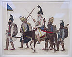 Sikh Akalis on the March, Pencil, pen, ink, watercolor, gold and silver on paper