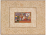 "An Old Man and His Young Wife Before Religious Arbitrators," Folio from a Gulistan of Sa'di, Painting attributed to Daulat (Indian, active ca. 1595–1635), Opaque watercolors and gold on paper